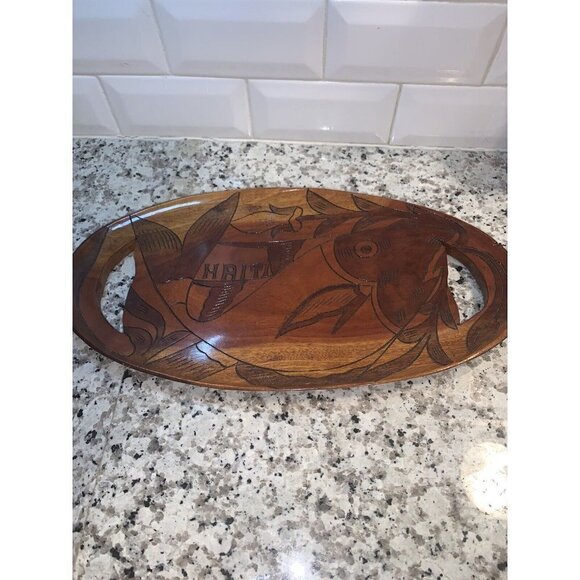 Vintage Haitian Haiti Fish Hand Carved Brown Wood Art Oval Tray Decor - Picture 3 of 7